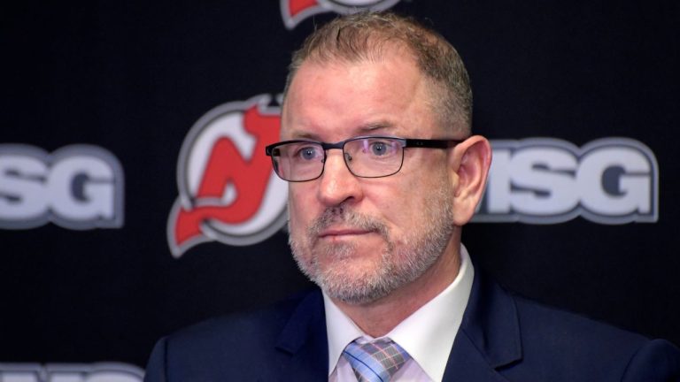 New Jersey Devils general manager Tom Fitzgerald announces the Devils signed Jack Hughes to an eight-year $64 million extension during a news conference, Tuesday, Nov. 30, 2021, in Newark, N.J. (Bill Kostroun/AP)