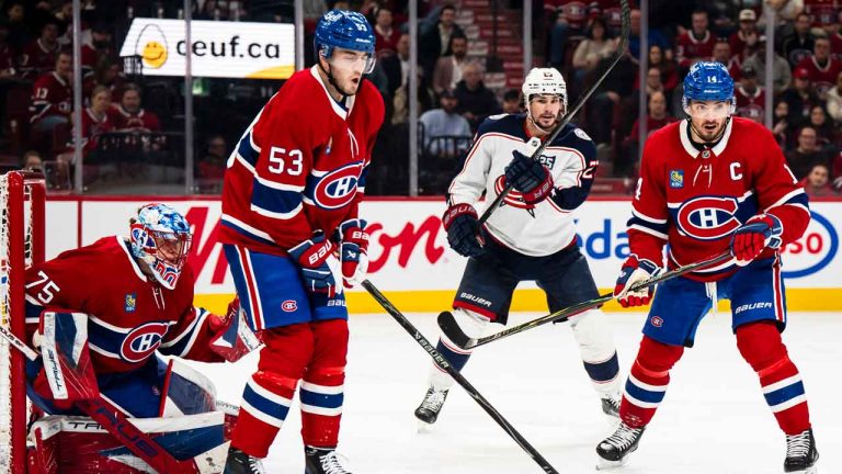 Montreal Canadiens' Noah Dobson (53) is hit by the puck while blocking a shot during second period NHL hockey action against the Columbus Blue Jackets. (Christopher Katsarov/THE CANADIAN PRESS)
