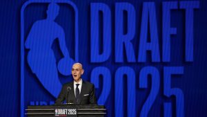 NBA commissioner Adam Silver announces the start of the first round of the NBA basketball draft, Wednesday, June 25, 2025, in New York. (Adam Hunger/AP)