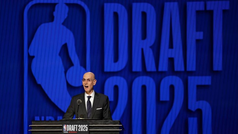 NBA commissioner Adam Silver announces the start of the first round of the NBA basketball draft, Wednesday, June 25, 2025, in New York. (Adam Hunger/AP)