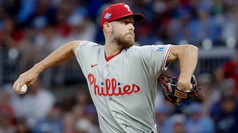 Philadelphia Phillies starting pitcher Zack Wheeler (45) delivers to an Atlanta Braves batter during the first inning of a baseball game, Saturday, April 25, 2026, in Atlanta. (Erik S. Lesser/AP)