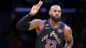 Los Angeles Lakers forward LeBron James gestures after making a basket against the Phoenix Suns during the first half of an NBA basketball game, Friday, April 10, 2026, in Los Angeles. (Jessie Alcheh/AP)
