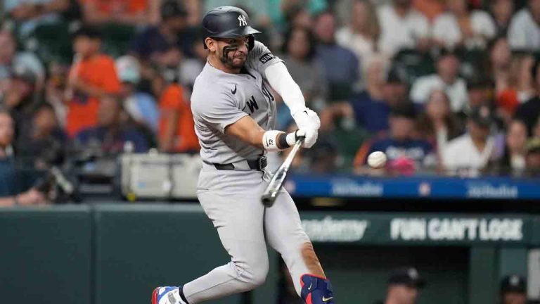 New York Yankees' José Caballero (72) hits a home run against Houston Astros relief pitcher Colton Gordon during the seventh inning of a baseball game, Friday, April 24, 2026, in Houston. (Karen Warren/AP)