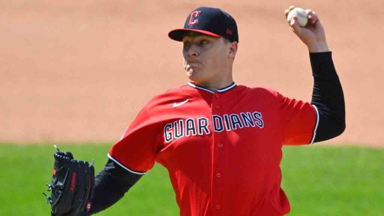 Guardians pitcher Erik Sabrowski delivers a pitch in the ninth inning of a baseball game against the Houston Astros in Cleveland on April 22, 2026. (David Richard/AP)