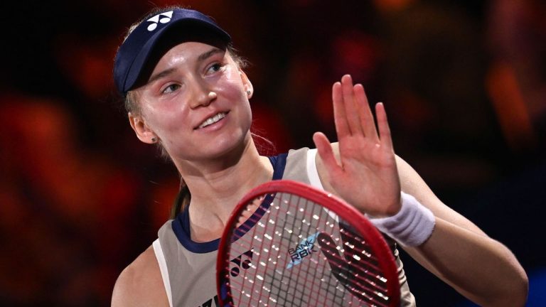 Kazakhstan's Elena Rybakina celebrates winning the women's final match against Czech Republic's Karolina Muchova at the Stuttgart Open tennis tournament, in Stuttgart, Germany, Sunday, April 19, 2026. (Marijan Murat/dpa via AP)