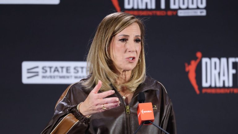 WNBA commissioner Cathy Engelbert speaks before the WNBA basketball draft Monday, April 13, 2026, in New York. (Pamela Smith/AP Photo)