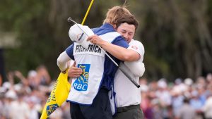 Matt Fitzpatrick, of England, right, hugs his caddie Daniel Parratt after winning the RBC Heritage golf tournament Sunday, April 19, 2026, in Hilton Head, S.C. (Mike Stewar/AP Photo)