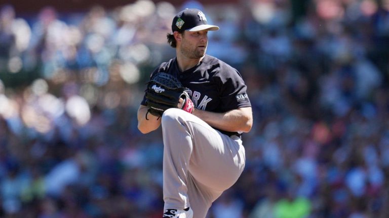 New York Yankees starting pitcher Gerrit Cole throws against the Chicago Cubs during the first inning of a spring training baseball game, Tuesday, March 24, 2026, in Mesa, Ariz. (Ross D. Franklin/AP)
