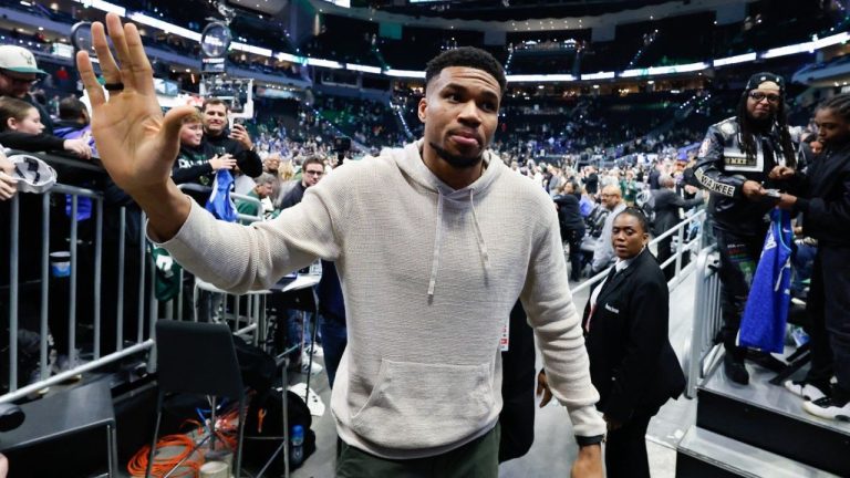 Milwaukee Bucks forward Giannis Antetokounmpo, centre, walks off the court after an NBA basketball game against the Brooklyn Nets, Friday, April 10, 2026, in Milwaukee. (Jeffrey Phelps/AP)
