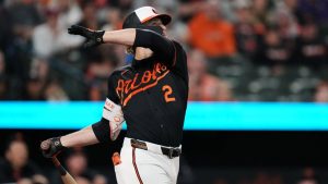 Baltimore Orioles' Gunnar Henderson follows through on a home run during the third inning of a baseball game against the San Francisco Giants, Saturday, April 11, 2026, in Baltimore. (Stephanie Scarbrough/AP)