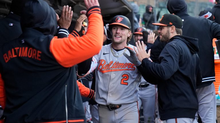 Baltimore Orioles designated hitter Gunnar Henderson (2) celebrates after hitting a two-run home run during the seventh inning of a baseball game against the Chicago White Sox, Tuesday, April 7, 2026, in Chicago. (Erin Hooley/AP)