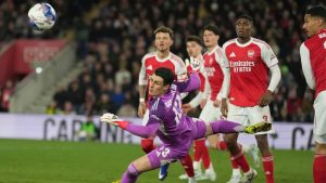 Arsenal's goalkeeper Kepa Arrizabalaga watches the ball during the English FA Cup quaterfinal soccer match between Southampton and Arsenal in Southampton, England, Saturday, April 4, 2026. (Dave Shopland/AP)