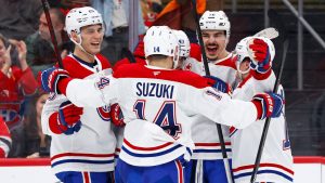 The Montréal Canadiens players celebrate after a goal by defenceman Jayden Struble (47) during the first period of an NHL hockey game against the New Jersey Devils, Saturday, April 4, 2026, in Newark, N.J. (Noah K. Murray/AP)