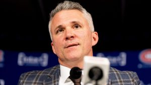 Montreal Canadiens head coach Martin St-Louis speaks to reporters following NHL hockey action against the Tampa Bay Lightning, in Montreal on Thursday, April 9, 2026. (Christopher Katsarov/THE CANADIAN PRESS)