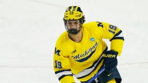 Michigan forward Michael Hage (19) during an NCAA hockey regional game against Minnesota Duluth, Sunday, March 29, 2026 in Albany, N.Y. Michigan won 4-3. (Vera Nieuwenhuis/AP Photo)