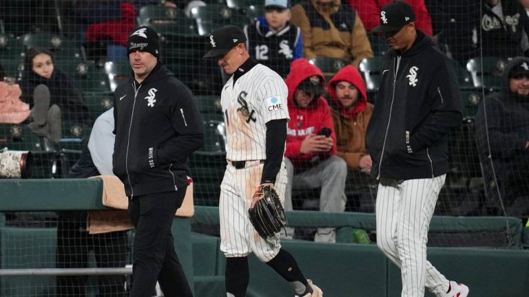 Chicago White Sox left fielder Austin Hays, center, leaves during the fourth inning of a baseball game against the Baltimore Orioles, Monday, April 6, 2026, in Chicago. (Erin Hooley/AP)