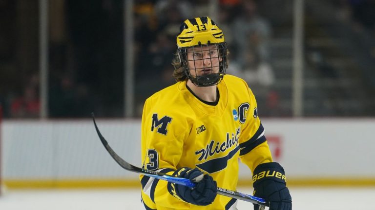 Michigan forward T.J. Hughes (13) during an NCAA hockey regional game against Bentley, Friday, March 27, 2026 in Albany, N.Y. Michigan won 5-1. (Vera Nieuwenhuis/AP Photo)