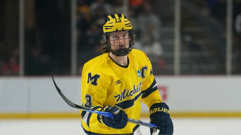 Michigan forward T.J. Hughes (13) during an NCAA hockey regional game against Bentley, Friday, March 27, 2026 in Albany, N.Y. (Vera Nieuwenhuis/AP)