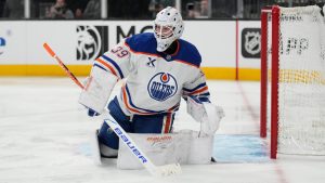 Edmonton Oilers goaltender Connor Ingram plays against the Vegas Golden Knights during an NHL game Thursday, March 26, 2026, in Las Vegas. (John Locher/AP)