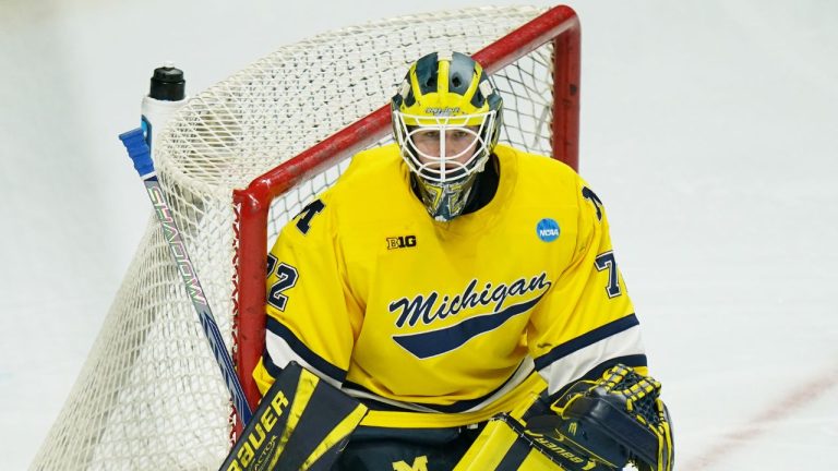 Michigan goaltender Jack Ivankovic (72) during an NCAA hockey regional game against Minnesota Duluth, Sunday, March 29, 2026 in Albany, N.Y. Michigan won 4-3. (Vera Nieuwenhuis/AP Photo)
