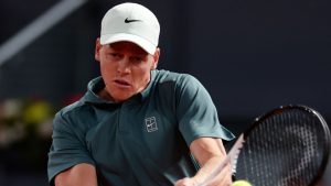 Jannik Sinner of Italy returns the ball to Rafael Jodar of Spain during the Madrid Open tennis tournament in Madrid, Wednesday, April 29, 2026. (Pablo Garcia/AP)