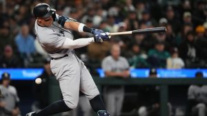 New York Yankees' Aaron Judge strikes out against the Seattle Mariners during the third inning of a baseball game, Wednesday, April 1, 2026, in Seattle. (Lindsey Wasson/AP)