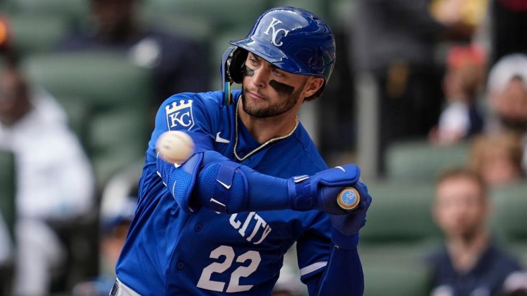 Kansas City Royals' Carter Jensen (22) takes a strike against the Atlanta Braves in the second inning of a baseball game, Sunday, March 29, 2026, in Atlanta. (Mike Stewart/AP)