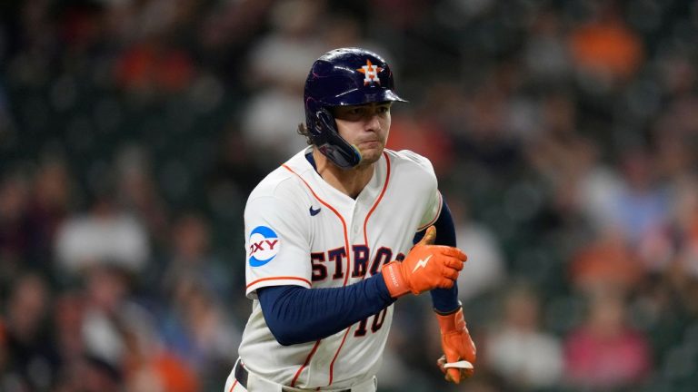 Houston Astros' Joey Loperfido runs up the first base line during a baseball game Thursday, April 16, 2026, in Houston. (David J. Phillip/AP)