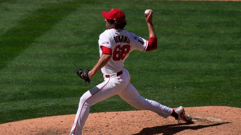 Los Angeles Angels relief pitcher Jordan Romano throws to the plate during the ninth inning of a baseball game against the Toronto Blue Jays, Wednesday, April 22, 2026, in Anaheim, Calif. (Mark J. Terrill/AP)