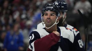 Colorado Avalanche centre Nazem Kadri (91) in the second period of an NHL hockey game Saturday, March 28, 2026, in Denver. (David Zalubowski/AP)