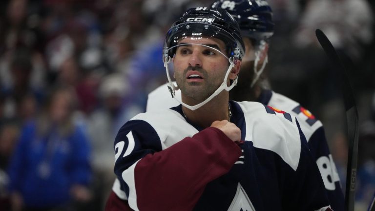 Colorado Avalanche centre Nazem Kadri (91) in the second period of an NHL hockey game Saturday, March 28, 2026, in Denver. (David Zalubowski/AP Photo)