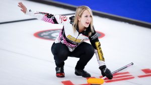 Kadriana Lott gestures as she makes a shot while playing Team Einarson/Gushue during the Canadian Mixed Doubles Curling Championship final in Calgary, Alta., Thursday, March 25, 2021. (Jeff McIntosh/CP)