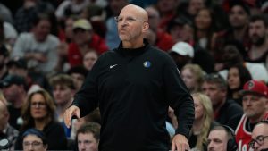 Dallas Mavericks Head Coach Jason Kidd reacts during the first half of an NBA basketball game against the Portland Trail Blazers, Friday, March 27, 2026, in Portland, Ore. (Jenny Kane/AP)