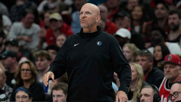 Dallas Mavericks Head Coach Jason Kidd reacts during the first half of an NBA basketball game against the Portland Trail Blazers, Friday, March 27, 2026, in Portland, Ore. (Jenny Kane/AP)