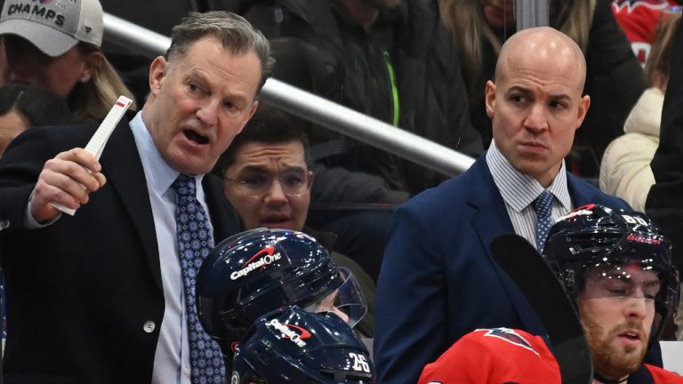 Washington Capitals assistant coach Kirk Muller, left, talks with head coach Spencer Carbery during the first period of an NHL hockey game against the New York Rangers, Saturday, Jan. 4, 2025, in Washington. (John McDonnell/AP)
