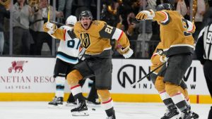 Vegas Golden Knights centre Brett Howden (21) celebrates after scoring against the Utah Mammoth in the second overtime of Game 5 of a first-round NHL hockey Stanley Cup playoff series Wednesday, April 29, 2026, in Las Vegas. (John Locher/AP)