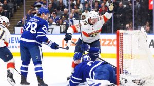 Florida Panthers' Cole Reinhardt (29) celebrates a goal on Toronto Maple Leafs goaltender Joseph Woll (60) during first period NHL action in Toronto on Saturday, April 11, 2026. (Cole Burston/CP)