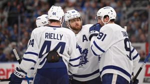 The Toronto Maple Leafs converse during during a stoppage in play during the third period of an NHL hockey game against the St. Louis Blues Saturday, March 28, 2026, in St. Louis. (Connor Hamilton/AP)