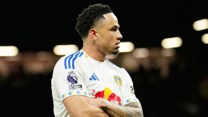 Leeds' Noah Okafor celebrates after scoring during the Premiier League soccer match between Manchester United and Leeds in Manchester, England, Monday, April 13, 2026. (Dave Thompson/AP Photo)