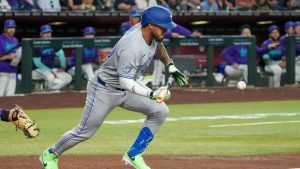 Toronto Blue Jays' Lenyn Sosa lays down a bunt against the Arizona Diamondbacks during the fourth inning of an baseball game Friday, April 17, 2026, in Phoenix. (Darryl Webb/AP)
