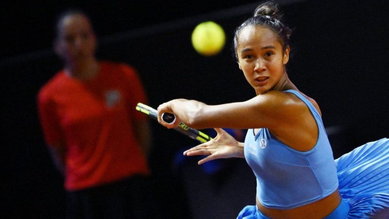 Leylah Fernandez, of Canada, eyes the ball during her match against Alexandra Eala, of the Philippines, during the Stuttgart Open tennis tournament, Tuesday, April 14, 2026, in Stuttgart. Germany. (Marijan Murat/dpa via AP)
