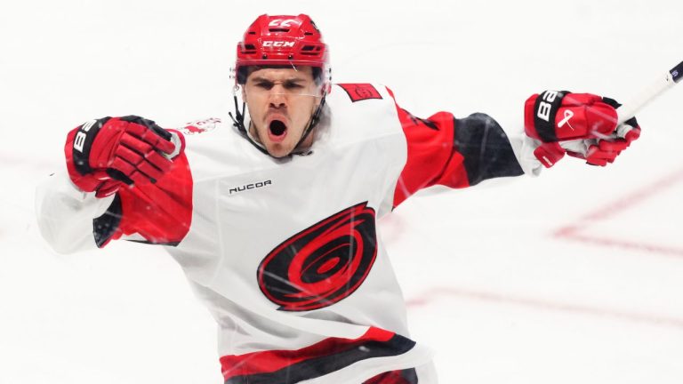 Carolina Hurricanes' Logan Stankoven (22) celebrates his goal against the Ottawa Senators during first period NHL playoff hockey action in Ottawa on Thursday, April 23, 2026. (Sean Kilpatrick/CP)