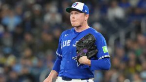 Toronto Blue Jays pitcher Louis Varland (77) reacts as he stands on the mound after loading the bases during ninth inning MLB baseball action against the Cleveland Guardians in Toronto on Saturday, April 25, 2026. (Chris Young/CP)