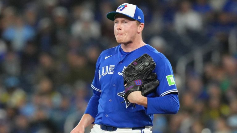 Toronto Blue Jays pitcher Louis Varland (77) reacts as he stands on the mound after loading the bases during ninth inning MLB baseball action against the Cleveland Guardians in Toronto on Saturday, April 25, 2026. (Chris Young/CP)