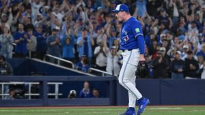 Toronto Blue Jays pitcher Louis Varland reacts after making the final out of the MLB baseball game against the Cleveland Guardians in Toronto on Sunday, April 26, 2026. (Jon Blacker/CP)