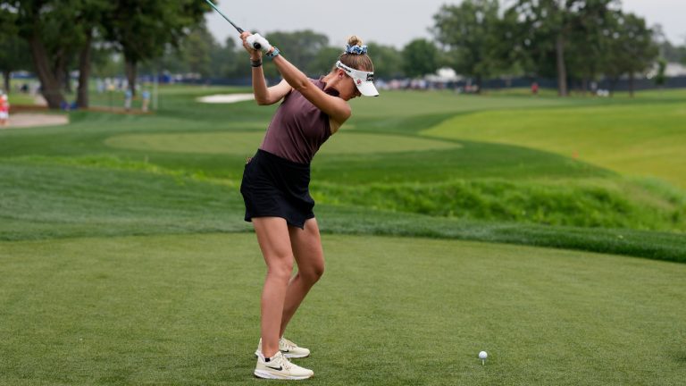 Nelly Korda hits her tee shot on the third hole during the final round of the Chevron Championship LPGA golf tournament Sunday, April 26, 2026, in Houston. (David J. Phillip/AP)