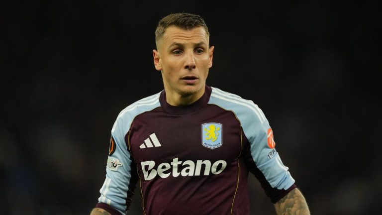 Aston Villa's Lucas Digne gestures during the Europa League quarterfinal second leg soccer match between Aston Villa and Bologna, in Birmingham, England, Thursday, April 16, 2026. (Dave Shopland/AP)