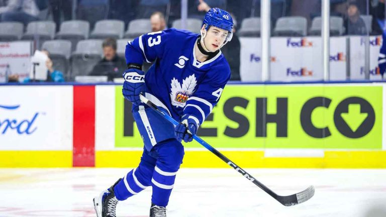 Toronto Marlies forward Luke Haymes skates with the puck before an AHL game in Toronto. (Barry McCluskey/Toronto Marlies)