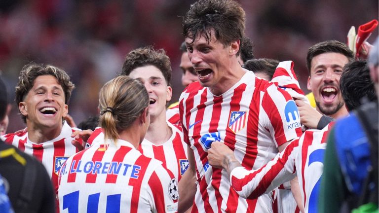 Atletico Madrid's players celebrate at the end of the Champions League quarterfinal second leg soccer match between Atletico Madrid and Barcelona in Madrid, Spain, Tuesday, April 14, 2026. (Manu Fernandez/AP Photo)