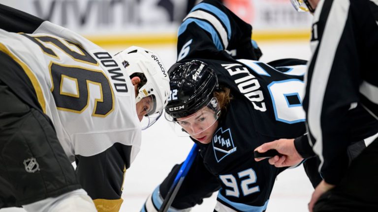 Utah Mammoth centre Logan Cooley and Vegas Golden Knights centre Nic Dowd face off during the first period of Game 4 of a first-round Stanley Cup playoff series, Monday, April 27, 2026, in Salt Lake City. (Tyler Tate/AP)